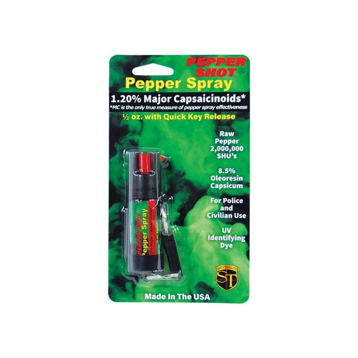 Pepper Shot 1.2% MC 1/2 oz pepper spray belt clip and quick release keychain